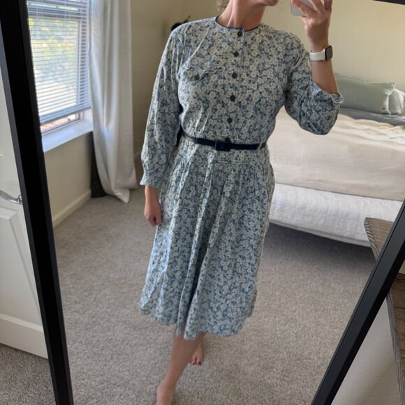 Vintage Liz Claiborne Blue Floral Peasant Long Sleeve Midi Dress Size Petite M - Picture 2 of 12